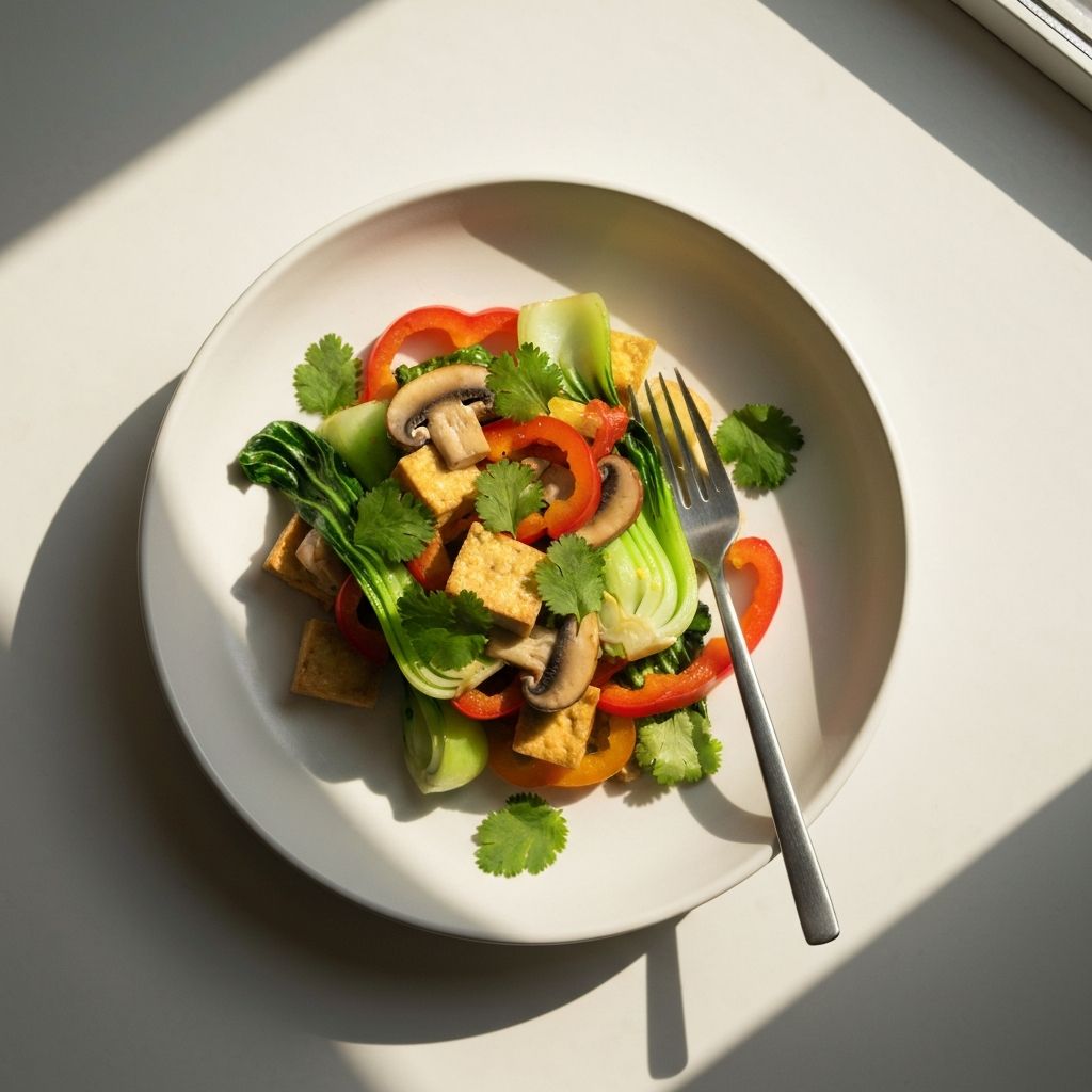 Ein einfaches, selbstgekochtes Gericht auf einem weißen Teller mit minimalen Zutaten