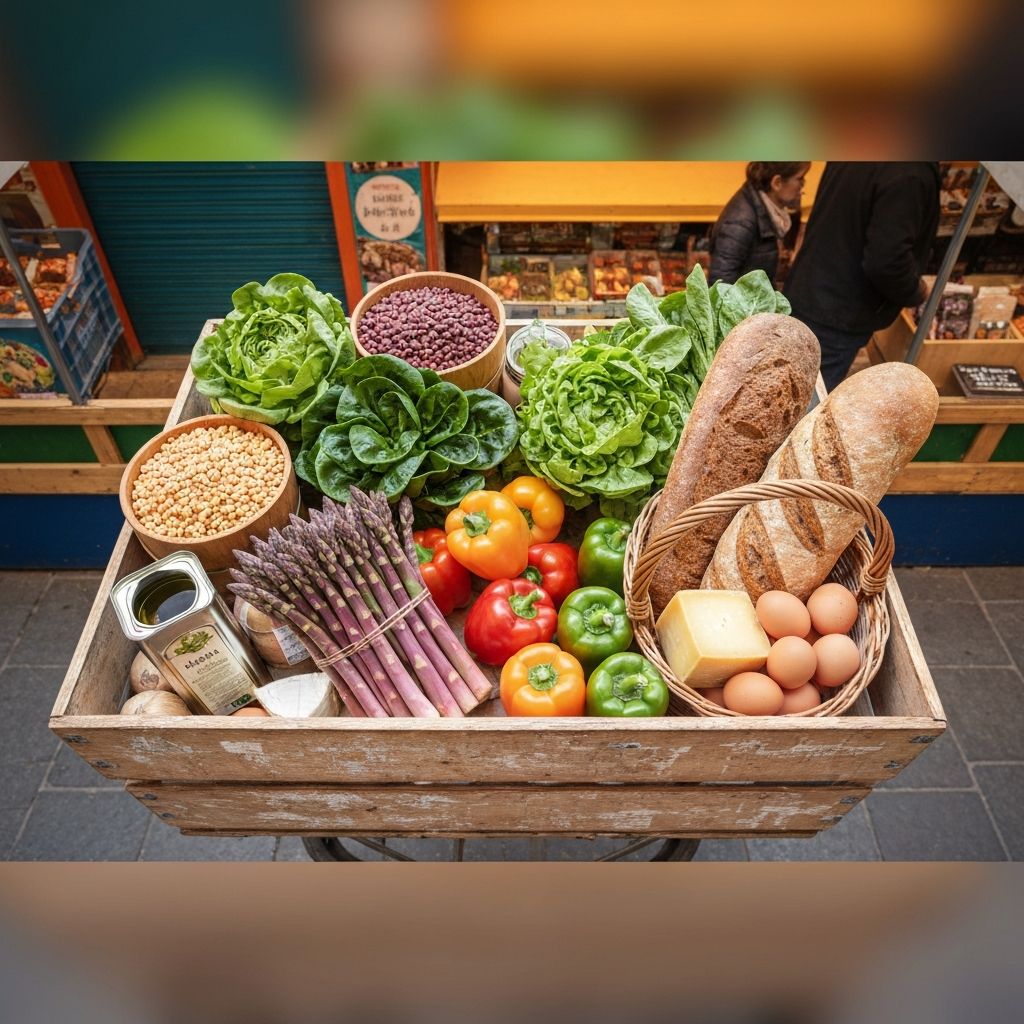 Ein Einkaufskorb gefüllt mit wiederkehrenden Grundzutaten: Gemüse, Getreide, Öle und Proteinquellen