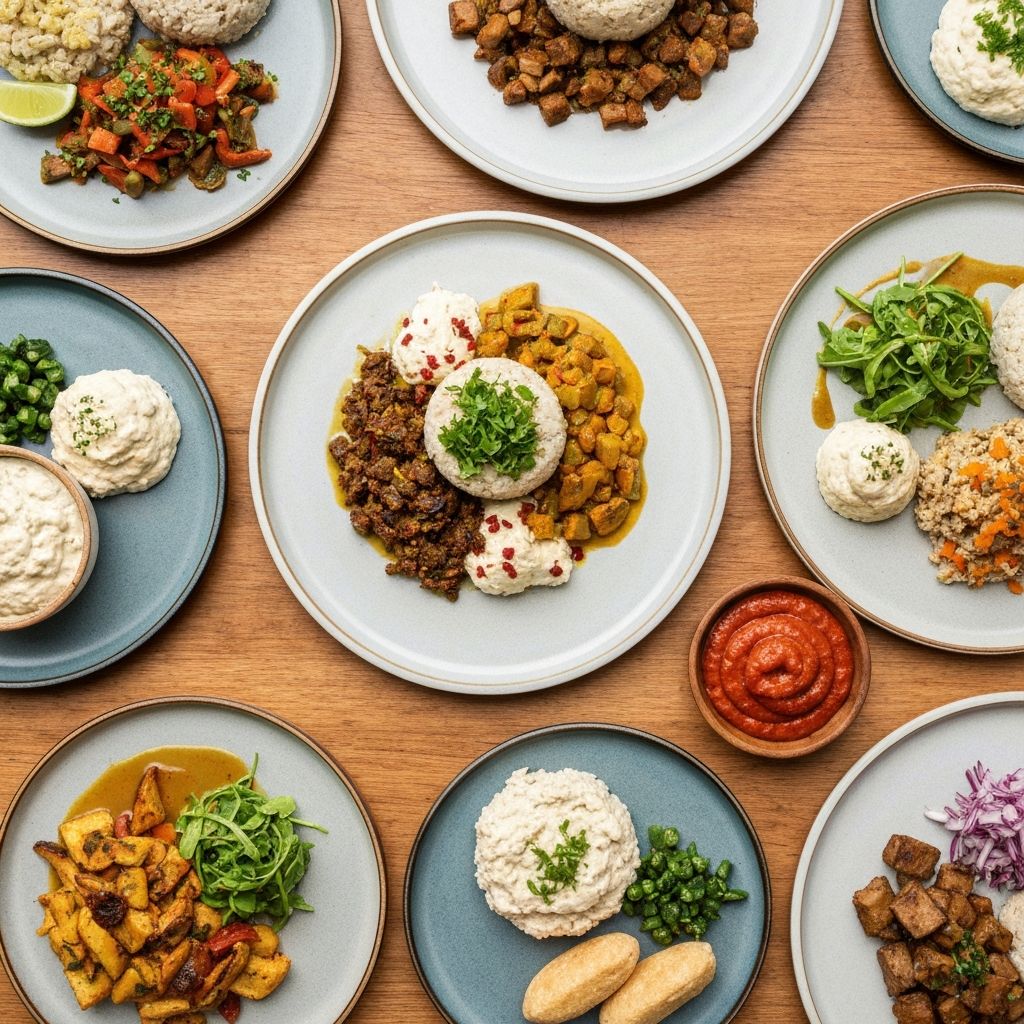 Eine Sammlung verschiedenartiger, bunter Mahlzeiten auf mehreren Tellern, die Abwechslung zeigt