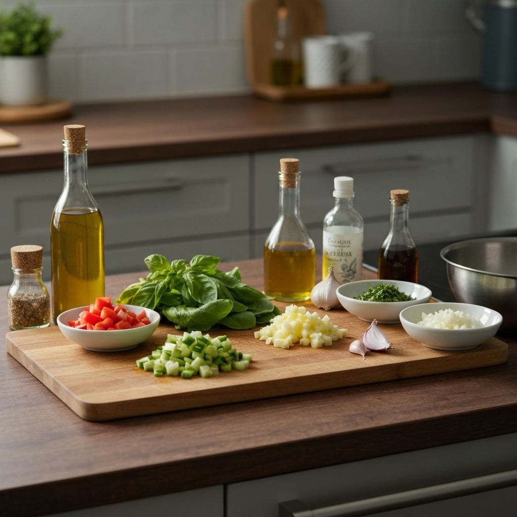 Frische Zutaten auf dem Schneidbrett, bereit zum Kochen und Zubereiten von einfachen Rezepten